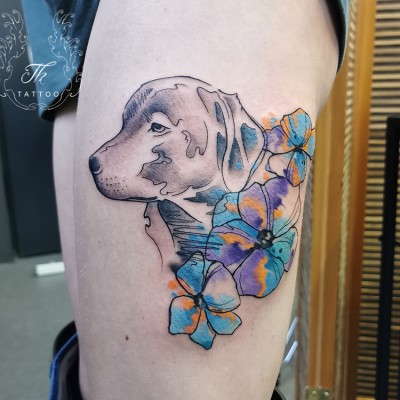 Watercolor dog tattoo